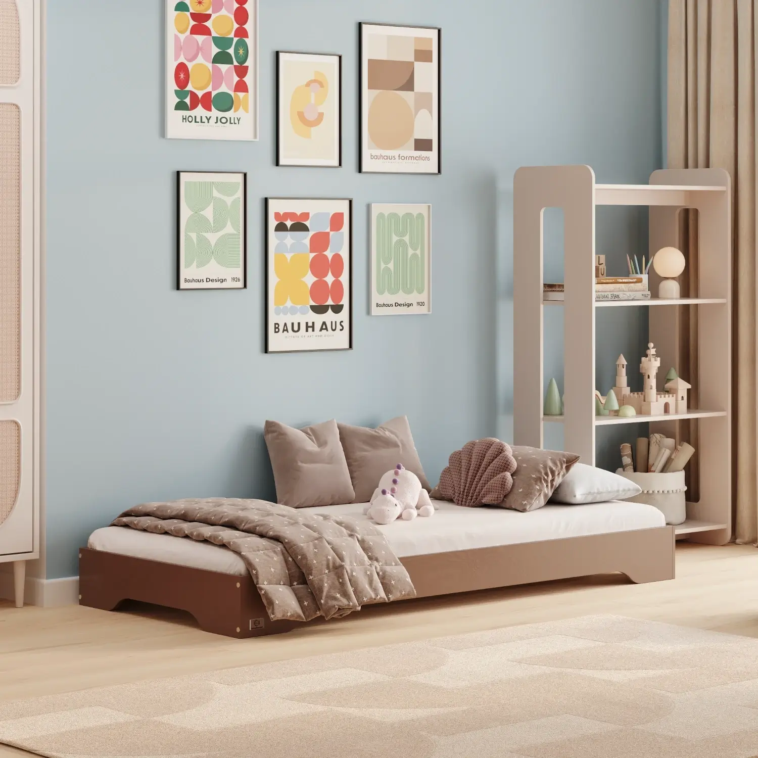 Łóżko pojedyncze dla dzieci podłogowe ze stelażem TILA 7 Montessori Drewniane